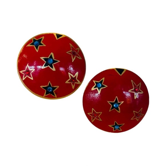 Jewelry - Vintage 80’s Red Wooden Clip On Earrings with Blue Stars